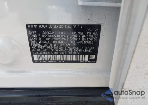 2024 Honda Hr-V Awd Ex-L/Awd Ex-L W/O Bsi z USA, uszkodzony, nr VIN 3CZRZ2H77RM779900